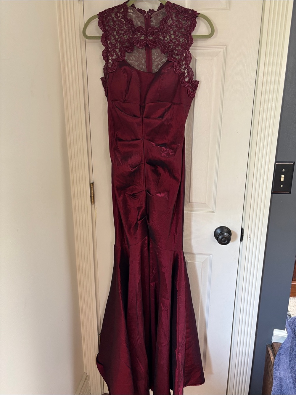 Xscape Burgundy Lace-Yoke Mermaid Prom Dress